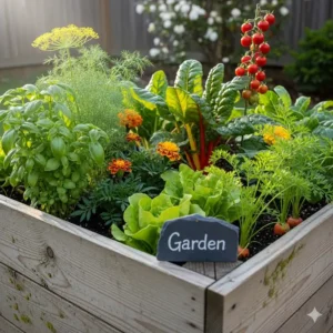 Ein Holz-Hochbeet, gefüllt mit einer Mischung aus Bio-Gemüse und Kräutern, perfekt für einen ökologischen gartenideen für kleine gärten.