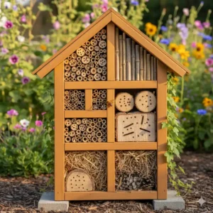 Ein Insektenhotel aus Holz und Bambus, das Nistplätze für verschiedene Wildbienenarten in einem bienenfreundlichen Garten gestaltet.