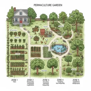 Eine Abbildung, die die verschiedenen Zonen eines permakultur garten anlegen zeigt, vom Haus (Zone 1) bis zum wilden Land (Zone 5).