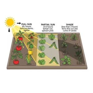 Ein einfaches Diagramm, das die Bedeutung von ausreichend Sonnenlicht für einen erfolgreichen selbstversorger garten anlegen tipps hervorhebt.