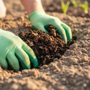Nahaufnahme von Händen, die nährstoffreichen Kompost in lehmigen Boden einarbeiten, um die Bodenvorbereitung für einen Bio-selbstversorger garten anlegen tipps zu demonstrieren.