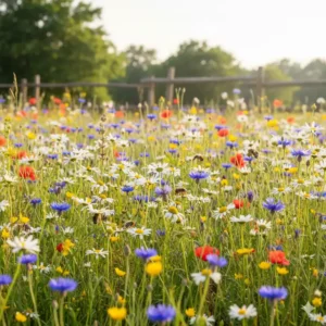 Eine bunte Wiese voller heimischer Wildblumen wie Margeriten und Kornblumen, die Nahrung für Bienen in einem naturnahen Garten gestaltet.
