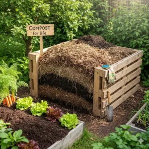 Ein gepflegter Komposthaufen in einem kleinen ökologische Garten Ideen, der organischen Dünger für die Beete bereitstellt.