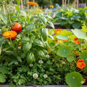 Nahaufnahme einer Mischkultur oder Begleitpflanzung in einem permakultur garten anlegen, die die symbiotischen Beziehungen zwischen verschiedenen Pflanzenarten hervorhebt.