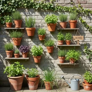 Ein vertikaler Kräutergarten an einer Wand, der den Platz mit mehreren Töpfen verschiedener Kräuter maximiert, eine ideale Lösung für ökologische gartenideen für kleine gärten.