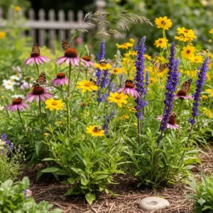 Eine kleine Fläche mit Wildblumen und einheimischen Pflanzen, die Bienen und Schmetterlinge anzieht, was einen bienenfreundlichen, ökologische gartenideen für kleine gärten zeigt.