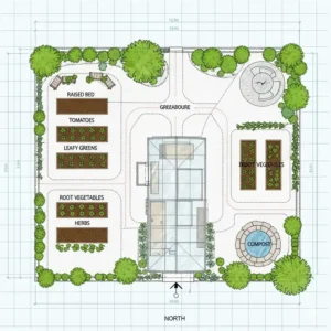 Ein Draufsicht-Blaupause, die ein gut organisiertes Gartenlayout mit Hochbeeten und Wegen zeigt, zur effizienten Planung eines selbstversorger garten anlegen tipps.