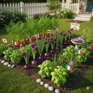 Ein Beispiel für Mischkultur in einem kleinen Gemüsegarten, mit verschiedenen Gemüsesorten wie Karotten und Zwiebeln nebeneinander gepflanzt, als Teil der ökologische Garten Ideen.