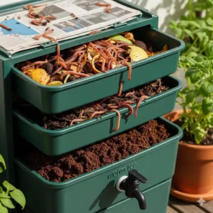 Eine Wurmkompostkiste für den Balkon, die zeigt, wie man nährstoffreichen Kompost für einen urban gardening nachhaltig tipps Garten herstellt.