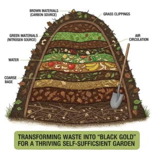 Ein Schichtdiagramm eines Komposthaufens, das erklärt, wie man fruchtbaren Boden für einen selbstversorger garten anlegen tipps erzeugt.