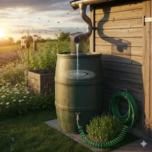 Eine Regentonne, die mit einem Fallrohr verbunden ist und Regenwasser für nachhaltige Bewässerung sammelt, ein Schlüsselmerkmal von ökologische gartenideen für kleine gärten.