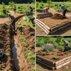Ein Bild, das den Prozess der Implementierung von Swales und Hügelkulturbeeten zur Wasserspeicherung und zum Aufbau der Bodenfruchtbarkeit in einem permakultur garten anlegen zeigt.
