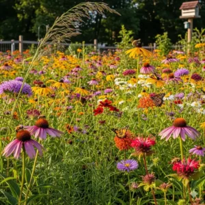 Eine bunte Blumenwiese mit heimischen Wildblumen, die als Nahrungsquelle für Bestäuber in einem kleinen ökologische Garten Ideen dient.