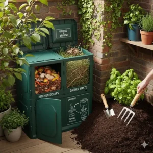 Ein kompakter Kompostbehälter für Küchen- und Gartenabfälle, der zeigt, wie man in einem kleinen Garten Kompost zur Bodenanreicherung herstellt, eine wichtige Methode bei ökologische gartenideen für kleine gärten.