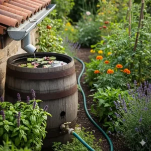 Ein Regenfass, das Regenwasser sammelt, um Pflanzen in einem kleinen ökologische Garten Ideen nachhaltig zu bewässern.