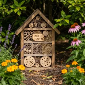 Ein kleines, dekoratives Insektenhotel aus natürlichen Materialien, das einen Lebensraum für nützliche Insekten in einem ökologische gartenideen für kleine gärten bietet.