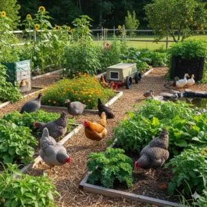 Ein Bild von Hühnern oder anderen Kleintieren, die in ein permakultur garten anlegen-System integriert sind, um Schädlinge zu bekämpfen und den Boden zu düngen.