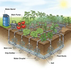Eine Illustration eines Tropfbewässerungssystems, das wassersparende Methoden für einen nachhaltigen selbstversorger garten anlegen tipps demonstriert.