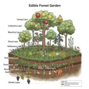 Ein Querschnittsdiagramm eines geschichteten essbaren Waldgartens, ein Schlüsselelement beim permakultur garten anlegen.