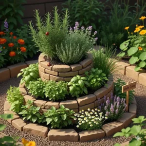 Eine Kräuterspirale in einem kleinen ökologische Garten Ideen, die verschiedene Kräuter auf kleinem Raum optimal anordnet.