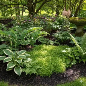 Eine Sammlung schattentoleranter mehrjähriger Pflanzen in einem kleinen, schattigen Gartenbeet, die eine pflegeleichte und ökologische gartenideen für kleine gärten demonstriert.