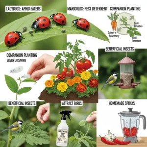 Eine visuelle Anleitung für natürliche Schädlingsbekämpfung wie Marienkäfer und Ringelblumen, die umweltfreundliche Tipps für einen gesunden selbstversorger garten anlegen tipps hervorhebt.