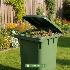 Eine große, grüne Bio Abfalltonne mit offenem Deckel, perfekt für Gartenabfälle, kaufen Sie jetzt.