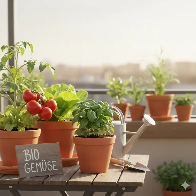 Eine Nahaufnahme, die zeigt, wie einfach es ist, bio gemüse im topf anzubauen auf dem eigenen Balkon.