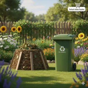 Ideal positionierte Bio Abfalltonne im Garten neben einem Komposthaufen, einfach online kaufen.