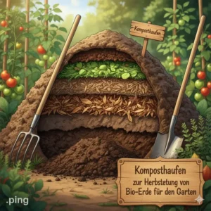 Bio Erde für Garten herstellen: Ein mehrschichtiger Komposthaufen mit verschiedenen organischen Materialien.