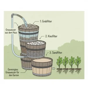 Einfaches Grauwasser-Filtersystem mit Kies und Sand zur Vorreinigung für die Nutzung im Garten.