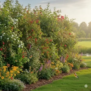 Nachhaltige Heckenpflanzen kaufen für Vögel: Heimische Hecke mit reifen Beeren.