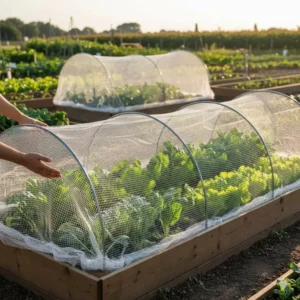 Installation des ökologische insektennetz für garten über einem Hochbeet, demonstrierend seine einfache Handhabung und Befestigung.