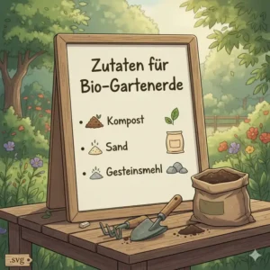 Bio Erde für Garten herstellen: Tafel mit den Zutaten Kompost, Sand und Gesteinsmehl für die eigene Erdmischung.