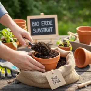 Hochwertige Bio-Erde als Grundlage für gesundes bio gemüse im topf anbauen.