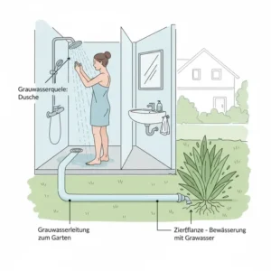 Darstellung der Grauwasserquelle Dusche, die Wasser für die Gartenbewässerung liefert.