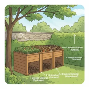 Anleitung für den mehrschichtigen Aufbau, um kompost im garten richtig anlegen zu gewährleisten: grob, grün, braun und Erde.