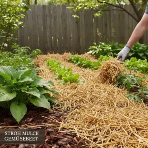 Mulchen eines Gemüsebeets mit Stroh zur Unkrautunterdrückung