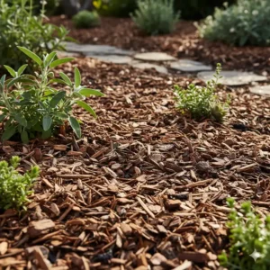 Organischer Mulch zur Reduzierung der Verdunstung in einem trockenheitsresistenter bio garten.