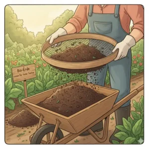 Bio Erde für Garten herstellen: Gärtner siebt reife Erde, um feine, klumpenfreie Struktur zu erhalten.