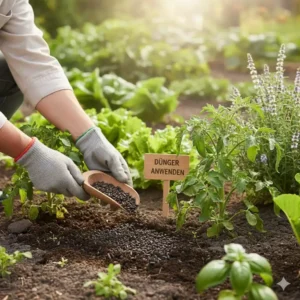 Ein Gärtner bringt organischer dünger für garten kaufen vorsichtig in den Gemüsebeeten aus.