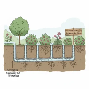 Unterirdische Verteilung von gereinigtem Grauwasser zu den Wurzelzonen im Garten (keine Tröpfchenbewässerung).