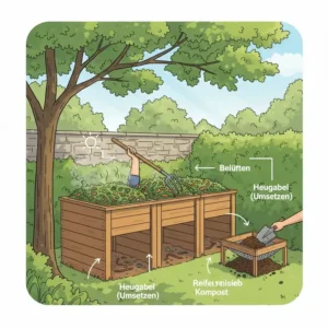 Wichtige Werkzeuge wie die Mistgabel, um kompost im garten richtig anlegen und pflegen zu können.