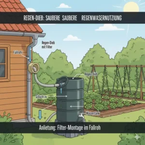 Detailansicht: Montage eines Regendiebs im Fallrohr, essenziell für Regenwassernutzung im Garten Anleitung.