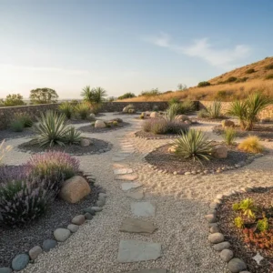 Beispiel eines Kiesbeets (Xeriscaping) als Gestaltungselement im trockenheitsresistenter bio garten.