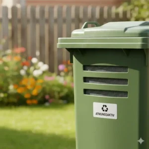 Detailansicht der Belüftungsschlitze einer Bio Abfalltonne, um Geruchsbildung im Garten zu reduzieren.