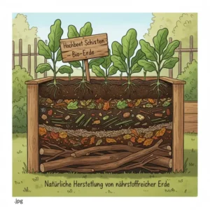 Bio Erde für Garten herstellen: Querschnitt eines Hochbeets mit organischen Schichten für nährstoffreiche Erde.