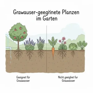 Beispiele von Pflanzen, die sich besonders gut für die Bewässerung mit Grauwasser eignen (z.B. Zierpflanzen und Obstbäume).