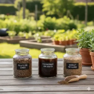 Übersicht über verschiedene Formen von organischer dünger für garten kaufen (Pellets und Flüssigdünger).