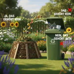 Illustration, die zeigt, welche Küchen- und Gartenabfälle in die Bio Abfalltonne gehören.